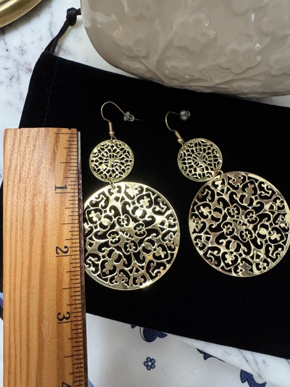 Gold Filigree Double-Drop Earrings - Elegant Women's Jewelry - Picture 2 of 5